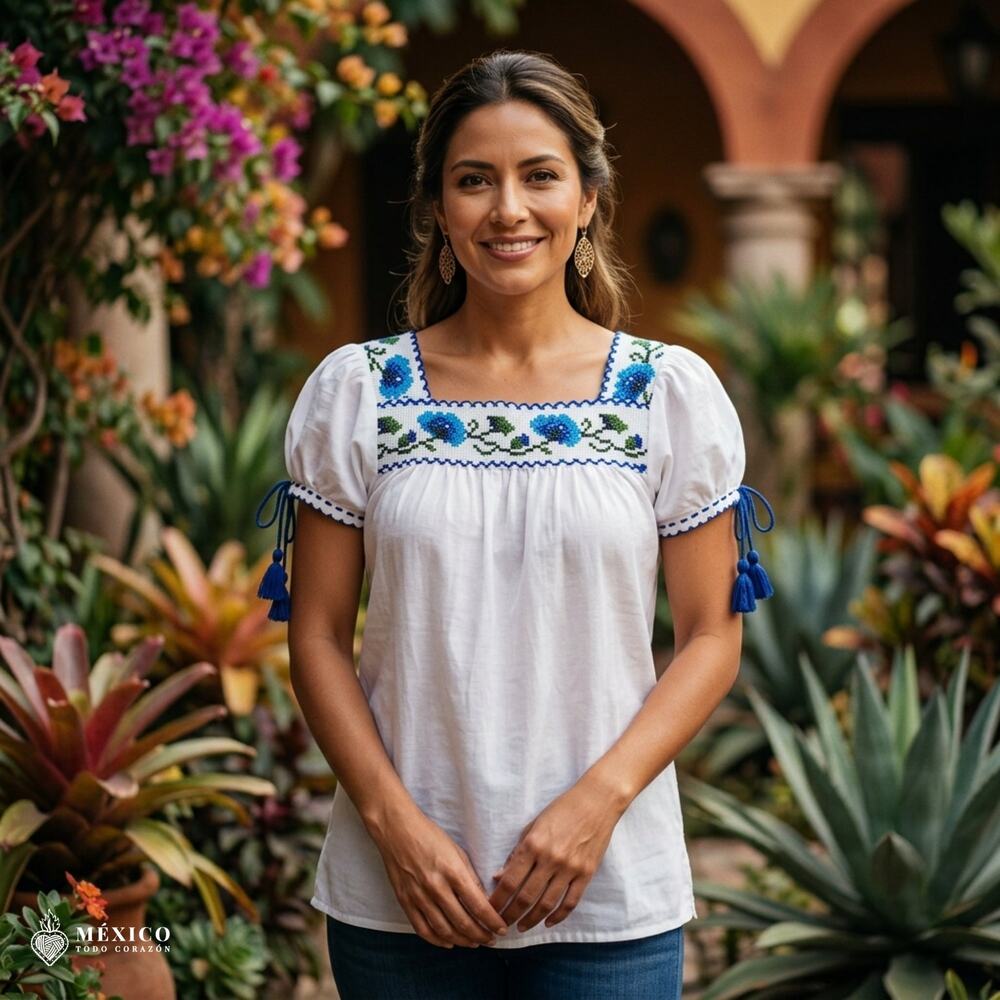 Girls Mexican Embroidered Blouse – Traditional Floral Folk Top with Pom Poms
